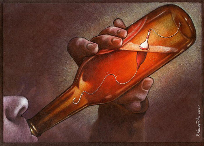 A satirical illustration depicting a person drinking from an alcohol bottle with a fishing lure inside, symbolizing society's traps.