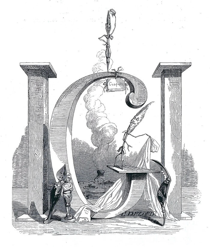 A strange famous painting of an ornate letter 'G' with smoke, figures, and other strange elements intertwined.