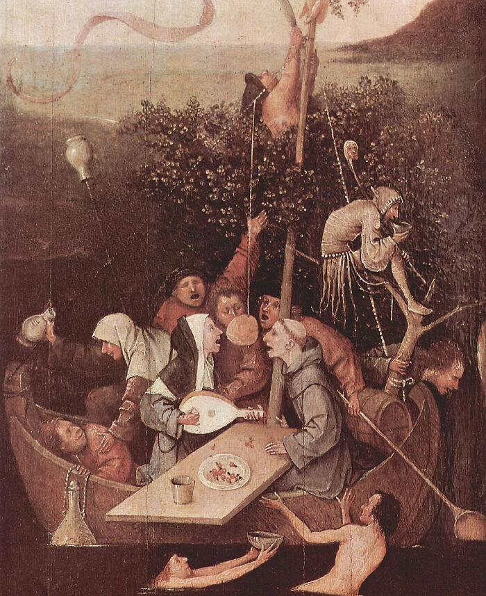 A strange famous painting illustrates several figures in a boat, with one man upside down and others eating and making music.