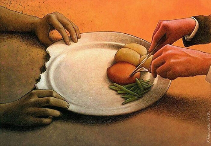 Satirical illustration showing one hand taking food from another's plate, symbolizing inequality in modern society.