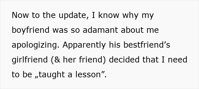 Screenshot of text: boyfriend insisted on apologizing to the drunk women for insulting his girlfriend. Screenshot of text: boyfriend insisted on apologizing to the drunk women for insulting his girlfriend.