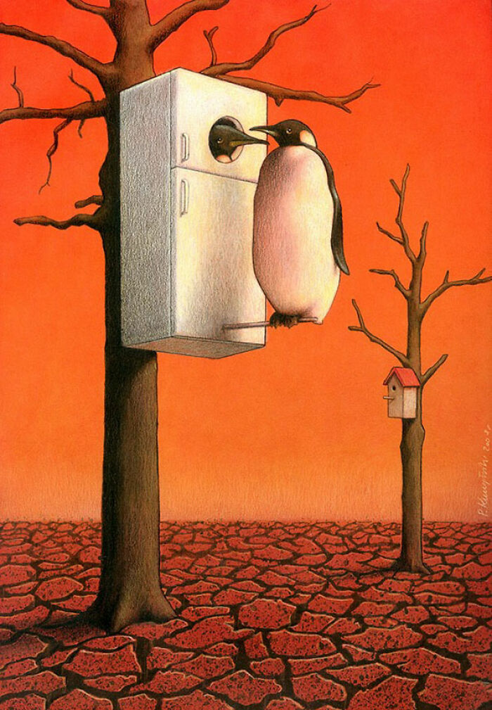 Satirical illustration of a penguin nesting in a refrigerator on a barren tree, depicting modern society's impact on nature.