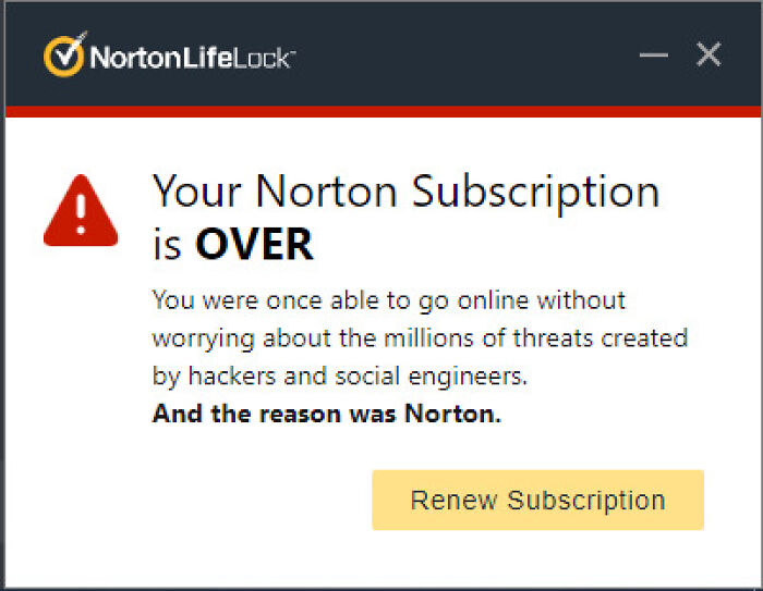 Norton subscription pop-up with confusing wording, a clear example of terrible product design.