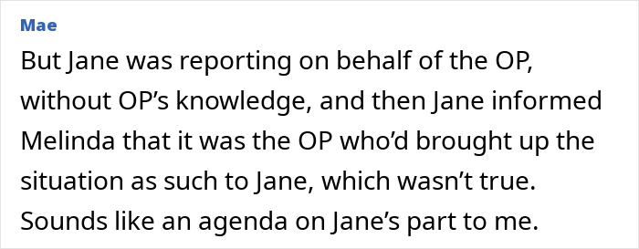 A comment by Mae about a mentor reporting an issue without the employee's consent. A comment by Mae about a mentor reporting an issue without the employee's consent.