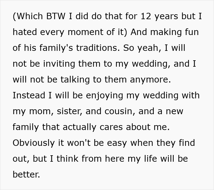 Text about excluding family from wedding and embracing supportive new family Text about excluding family from wedding and embracing supportive new family