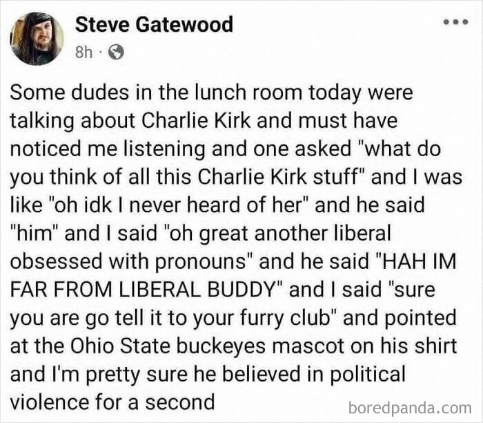 A text post with a Roses Are Red rhyme meme about a conversation regarding Charlie Kirk and political comments.