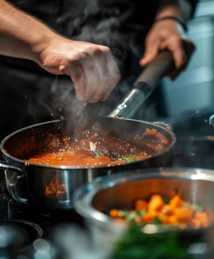 A worker stirring a dish in a hot pan, depicting moments that make workers think, I'm done.