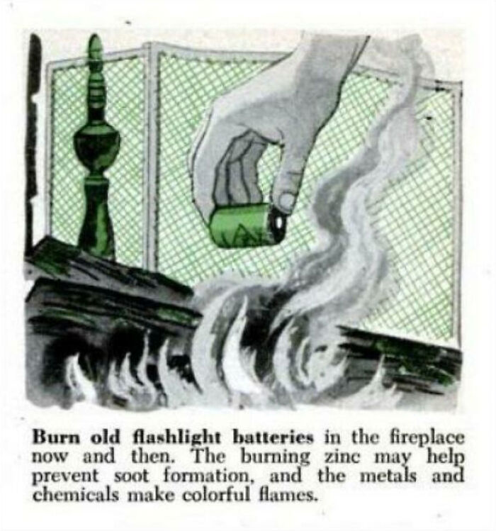 An old illustration advising to burn flashlight batteries in a fireplace, a terrible idea that aged badly.