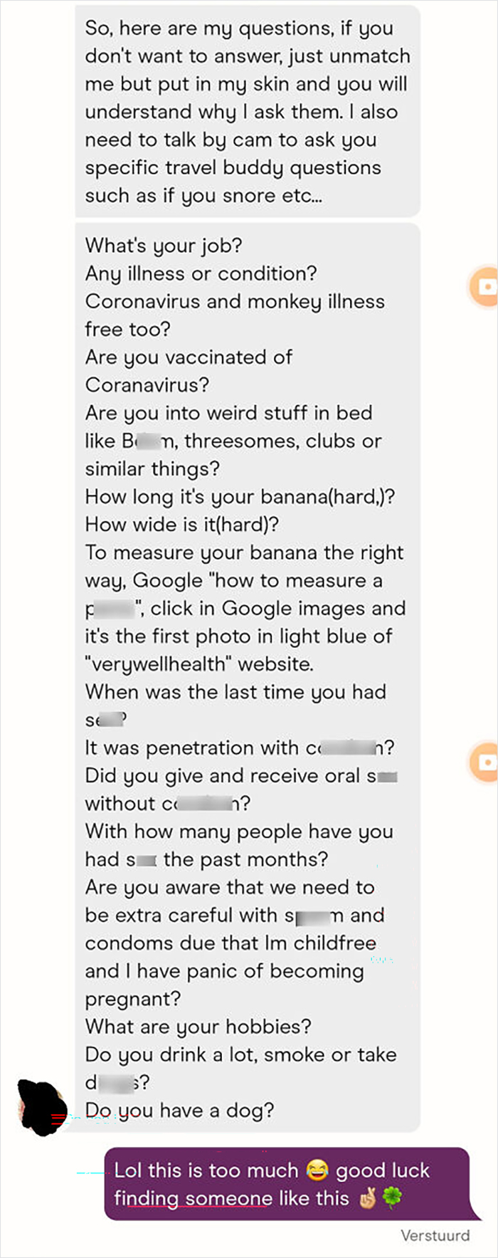 Dating app conversation revealing a Nice Girl's horrible behavior with invasive questions, demonstrating delusional behavior and a reality check.