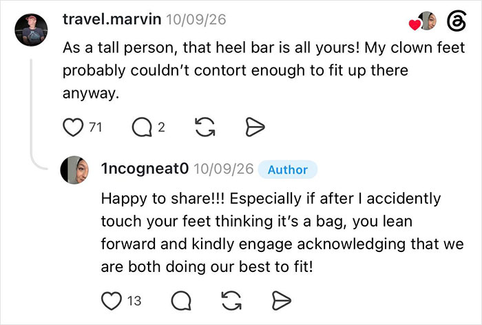 Entitled man kicks woman's seat, she discusses shared space under seat with tall person on flight.