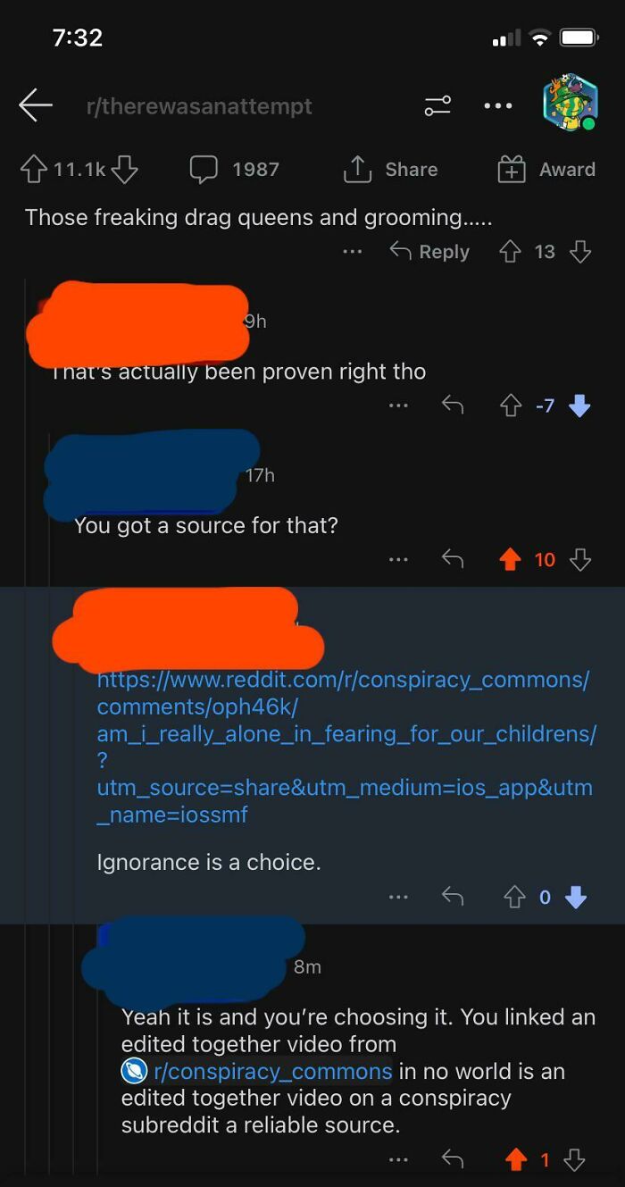 Reddit conversation about drag queens, grooming, and conspiracy sources