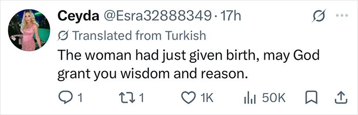 Tweet from Ceyda about a supermodel's viral transformation after giving birth