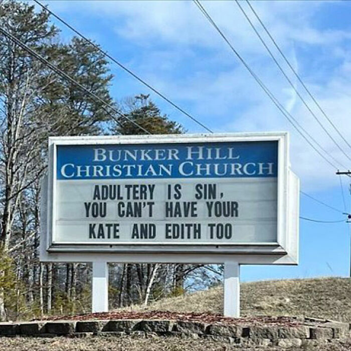 Christian church sign jokes adultery is sin with pun on Kate and Edith names