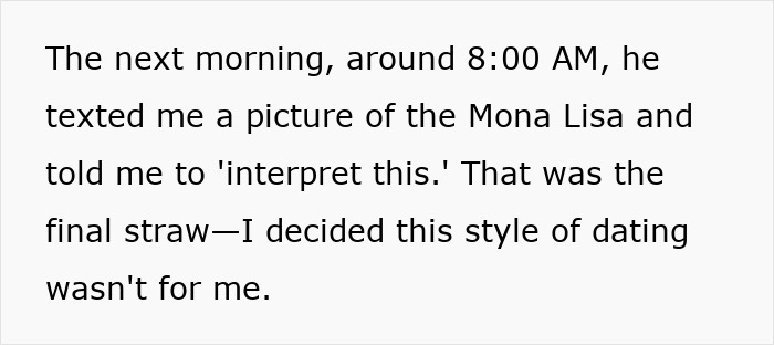 Screenshot of text describing the final assignment on a woman's first date. Screenshot of text describing the final assignment on a woman's first date.