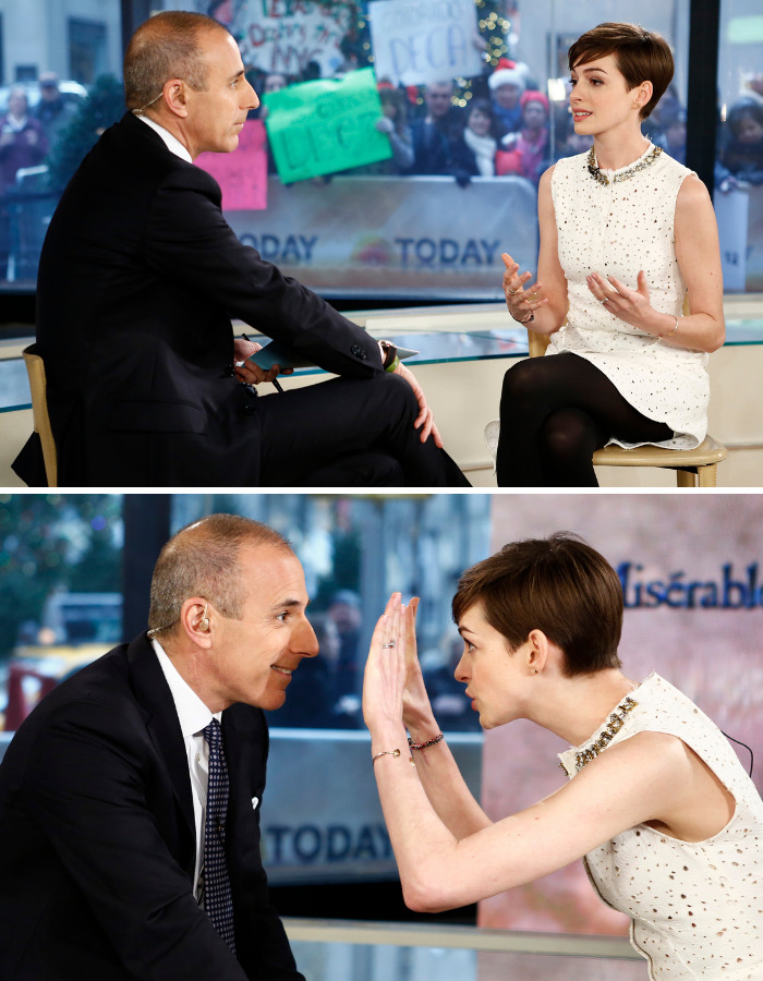 Anne Hathaway, a female star, on a talk show, putting men in their place with blunt gestures.