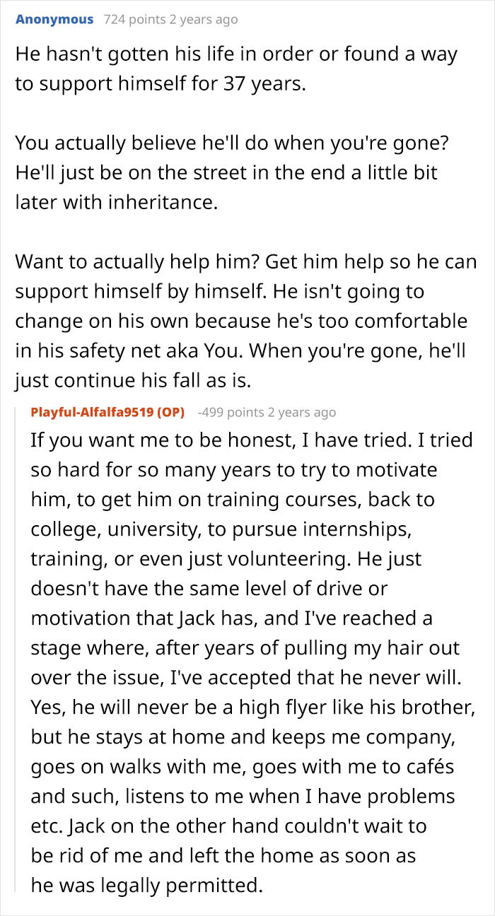 A comment discussing Benji's inability to support himself and the mom's attempts to motivate him, concerning inheritance. A comment discussing Benji's inability to support himself and the mom's attempts to motivate him, concerning inheritance.
