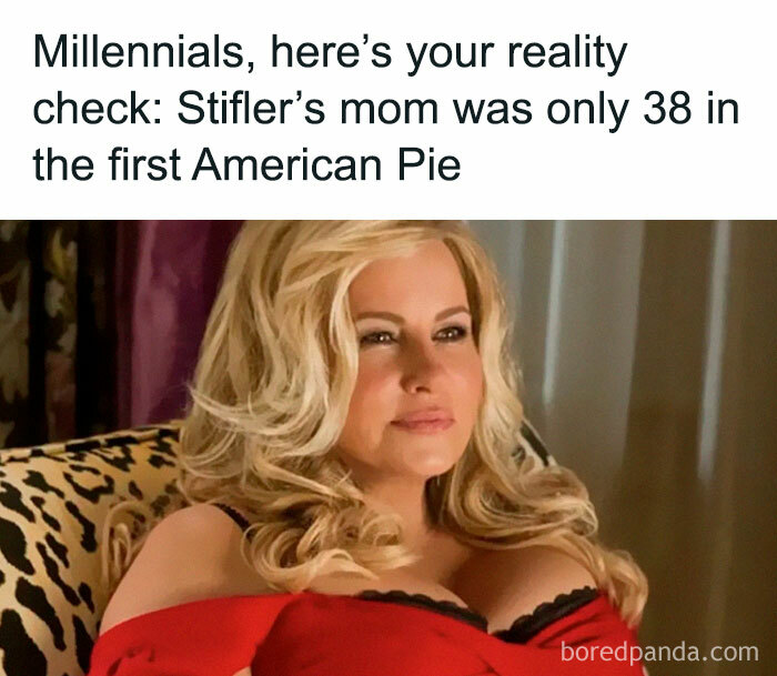 A meme with a picture of Stifler's mom from American Pie, revealing she was 38, for hilarious 90s meme content.