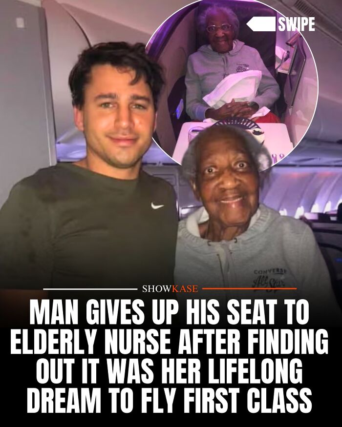 A man gives up his first-class flight seat for an elderly nurse in this wholesome story.