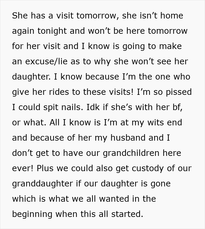 A screenshot showing text from a post about a daughter choosing a toxic boyfriend over visits with her child. A screenshot showing text from a post about a daughter choosing a toxic boyfriend over visits with her child.