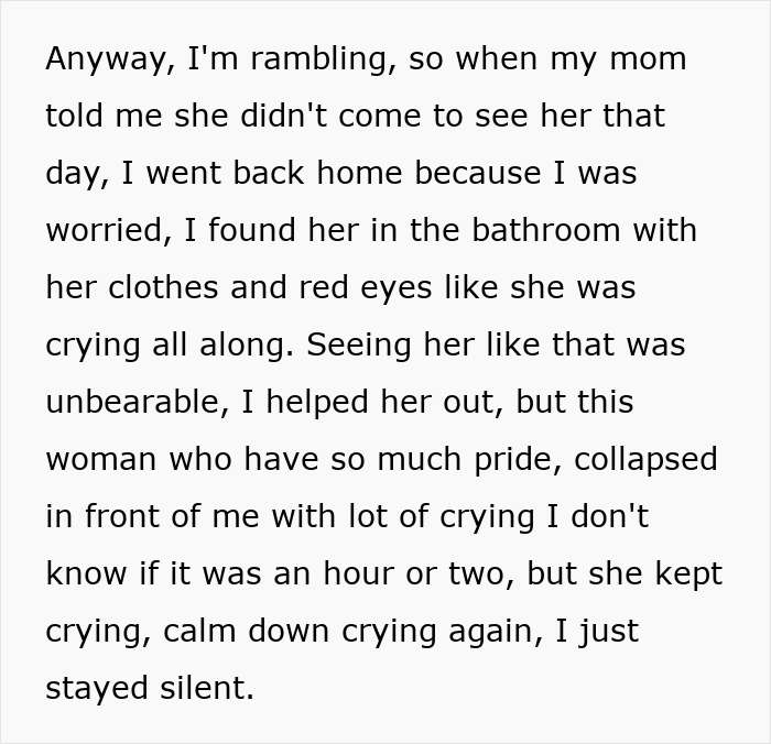 Text about finding wife crying and emotional collapse in bathroom amid marriage tension