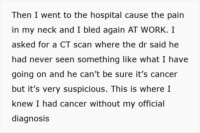 Text snippet discussing hospital visit for neck pain and bleeding, a suspicious CT scan leading to cancer suspicion. Text snippet discussing hospital visit for neck pain and bleeding, a suspicious CT scan leading to cancer suspicion.