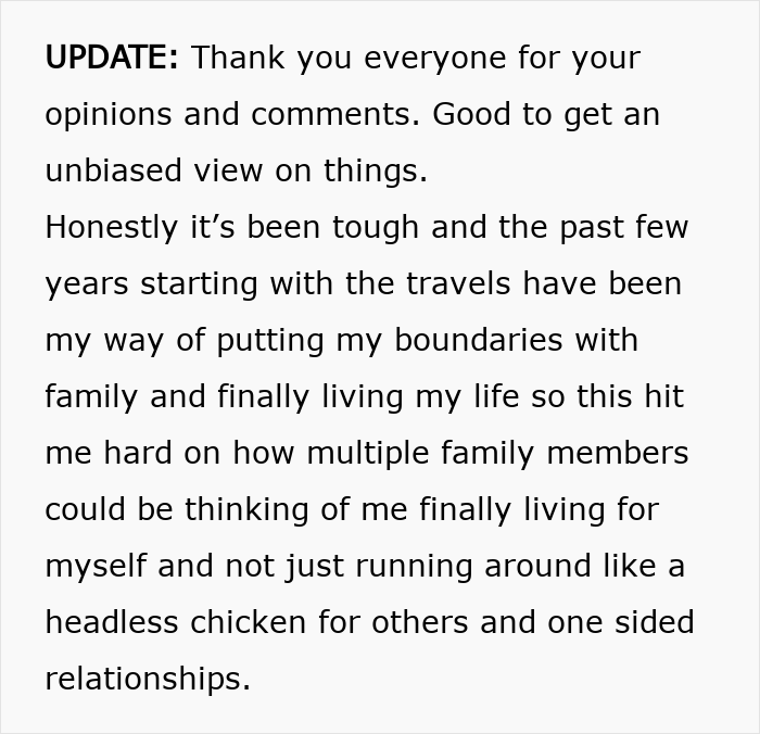 UPDATE message from the woman about refusing to put her life on hold for her stepsister's kid.