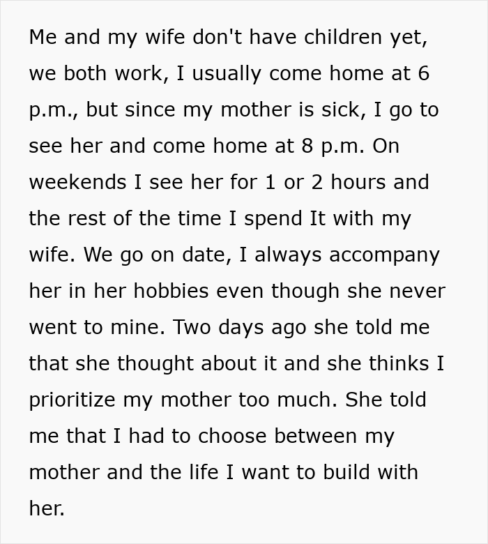 Wife's ultimatum makes husband question marriage priorities