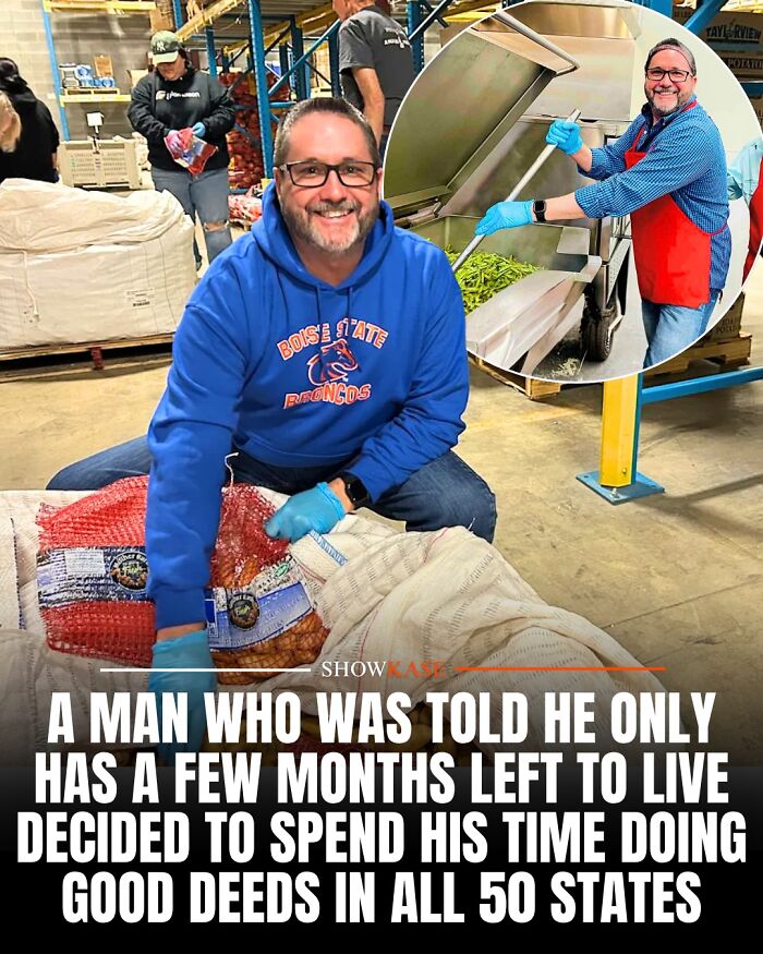 A smiling man volunteers in a food bank, representing wholesome stories of doing good deeds across states