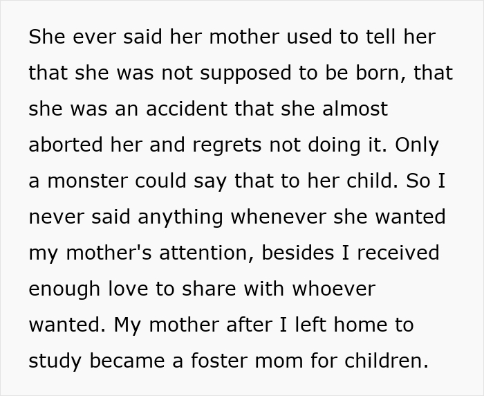 Text describing wife's troubled childhood and foster mom helping children