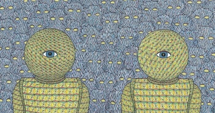 Theo Ellsworth painting of two geometric humanoids with single blue eyes