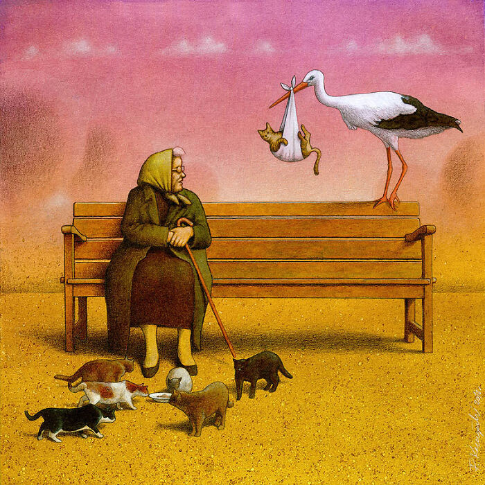 Satirical illustration: an elderly woman with many cats, while a stork delivers kittens, highlighting modern society's changing family dynamics.
