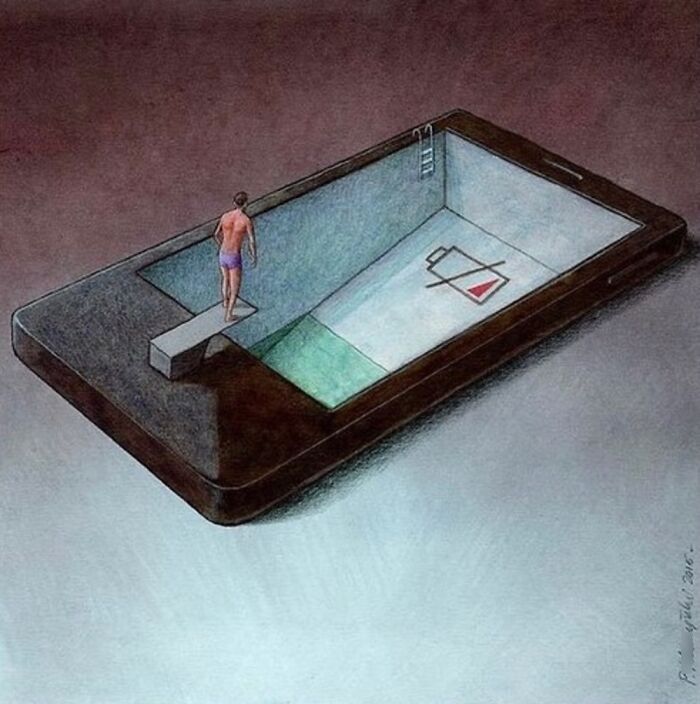 Satirical illustration showing a man diving into an empty phone pool with a low battery icon, reflecting modern society's digital dependency.