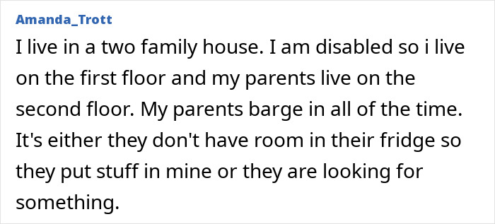 Comment about disabled person living downstairs while parents barge in upstairs Comment about disabled person living downstairs while parents barge in upstairs