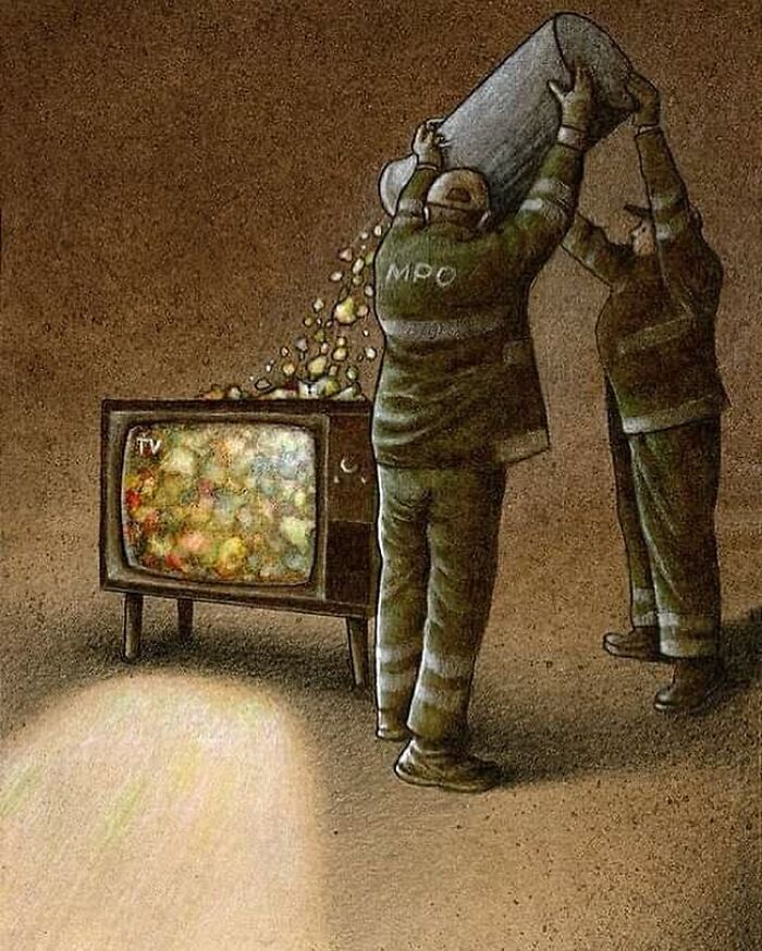 Satirical illustration of two men pouring colorful junk into a vintage TV, depicting modern society's media consumption.