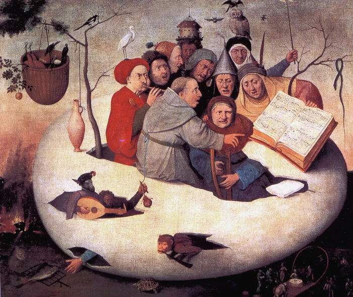 A strange famous painting shows various figures gathered on and around a giant egg.