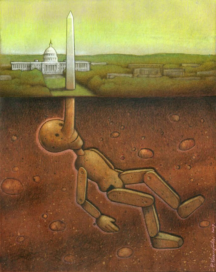 Satirical illustration of a Pinocchio puppet buried under the Washington Monument, showing modern society's issues.