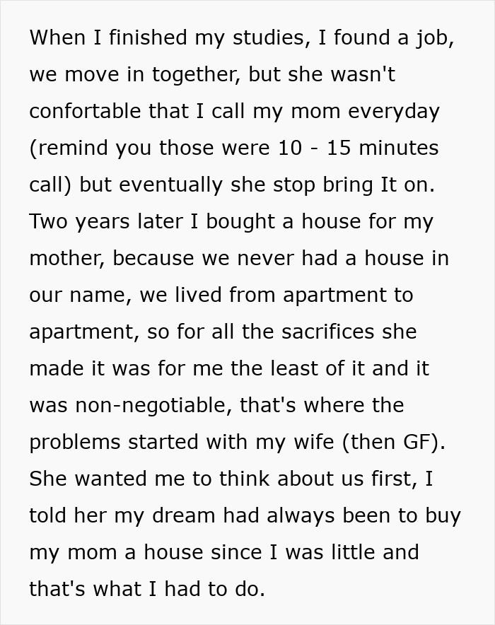 Husband buys house for his mother, causing conflict with wife