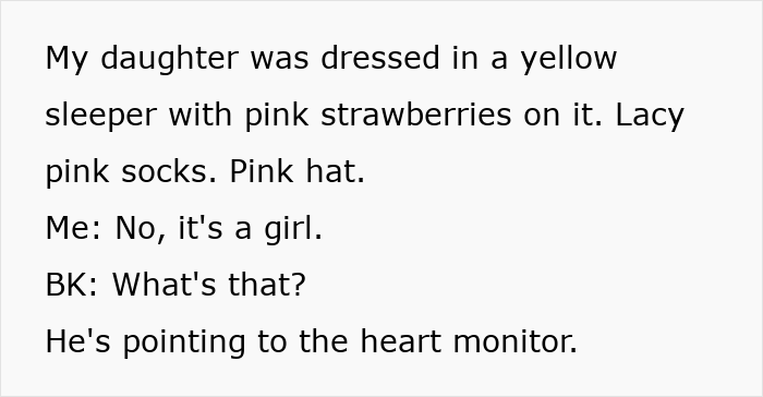 Text describing a daughter in a yellow sleeper and an entitled kid pointing at a heart monitor. Text describing a daughter in a yellow sleeper and an entitled kid pointing at a heart monitor.