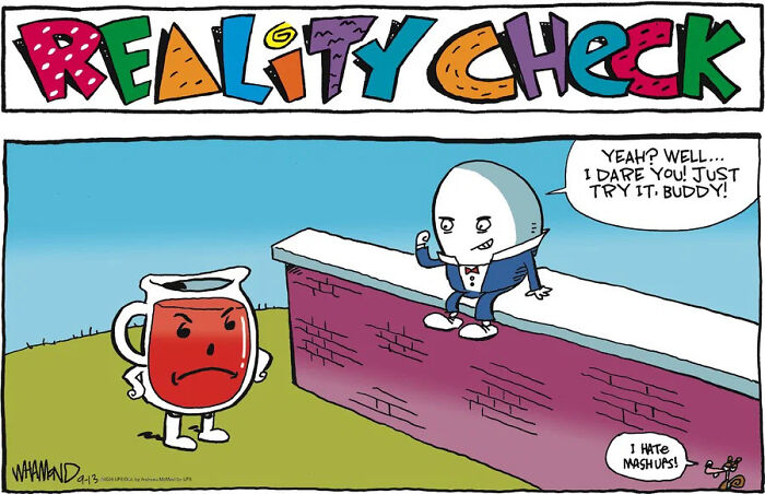 Clever comic featuring a reality check between a juice jug and egg about mashups humor