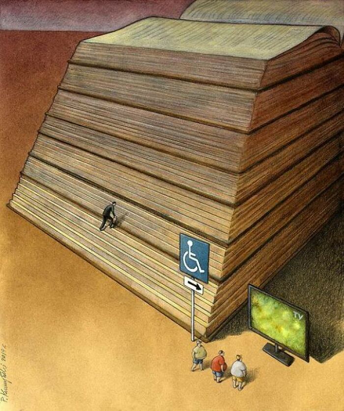 Satirical illustration showing a man climbing a stack of books, while others watch TV, highlighting modern society's knowledge gap.