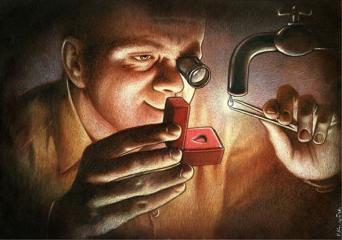 Satirical illustration of a man examining a water drop from a faucet like a diamond, reflecting modern society's skewed values.