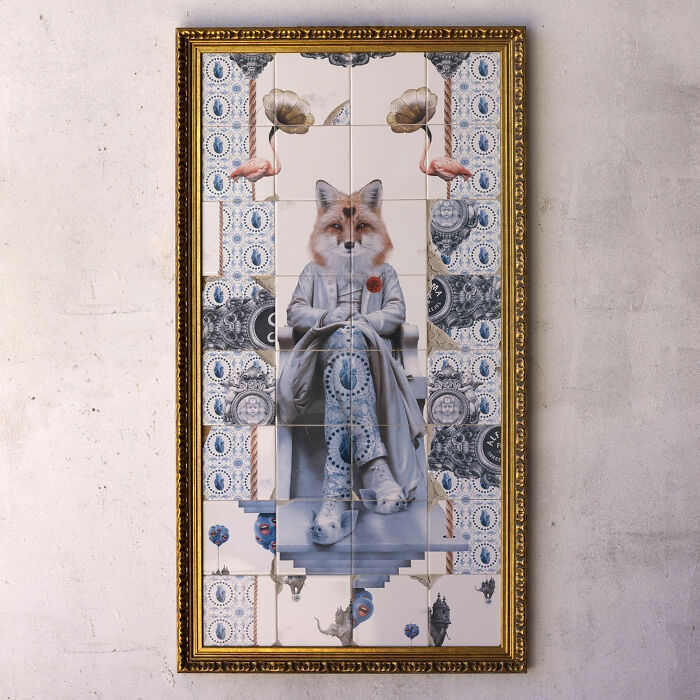 Framed tile art depicting fox in suit with flamingos and vintage patterns