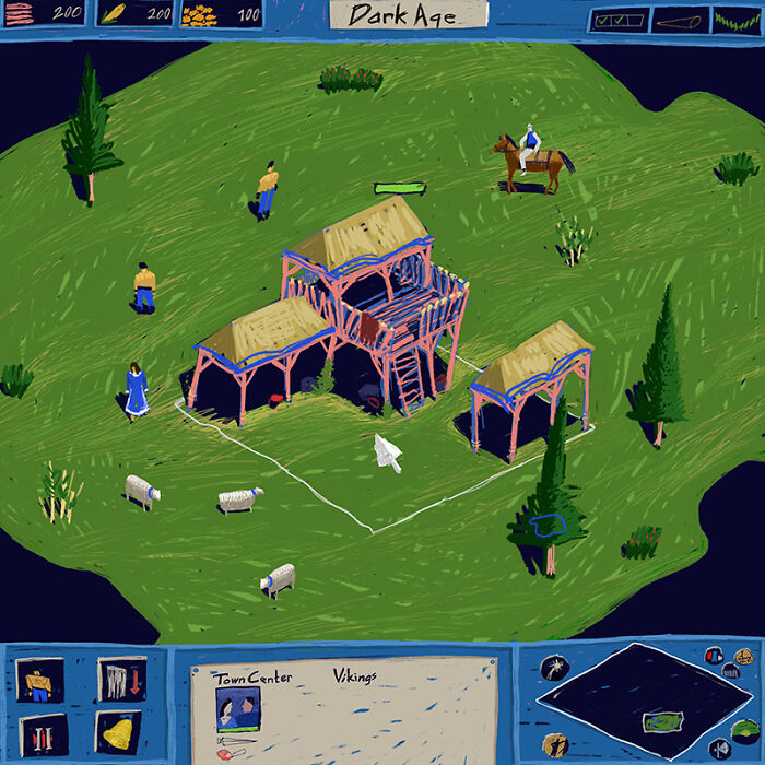 Nostalgic painting of golden era gaming, featuring a real-time strategy game with villagers and buildings.