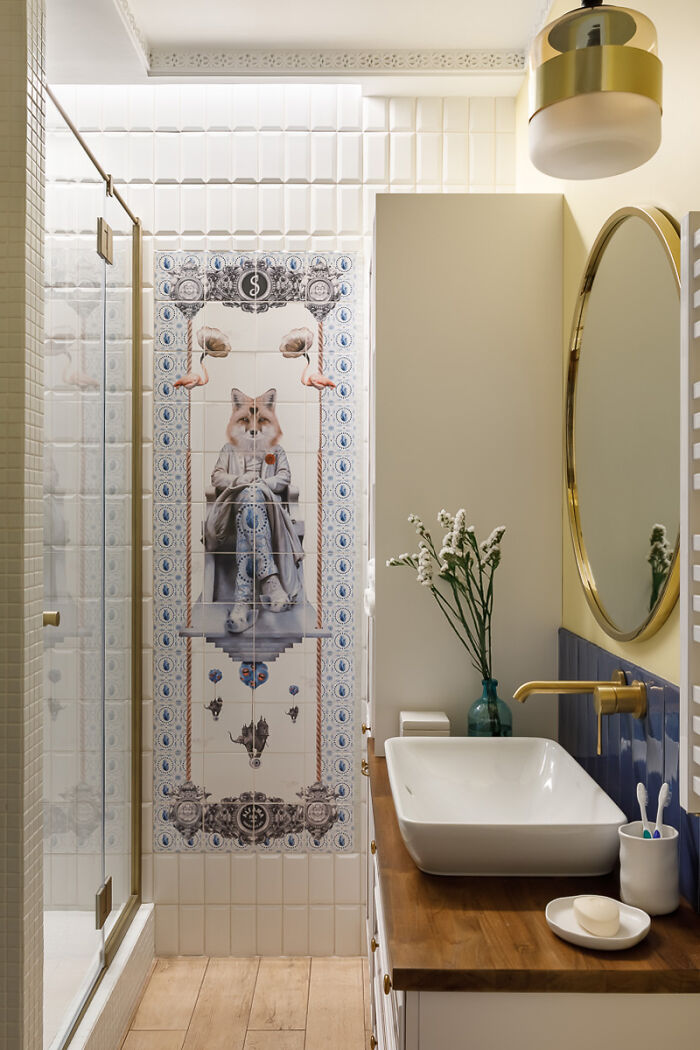 Framed tile art depicting fox in suit with flamingos and vintage patterns