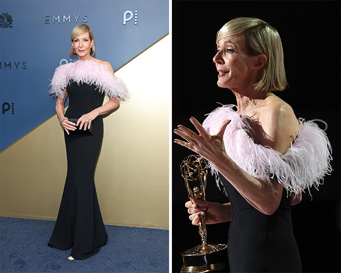 Jane Krakowski in a black dress with pink feathers, one of the worst dressed stars at the 2026 Emmys.