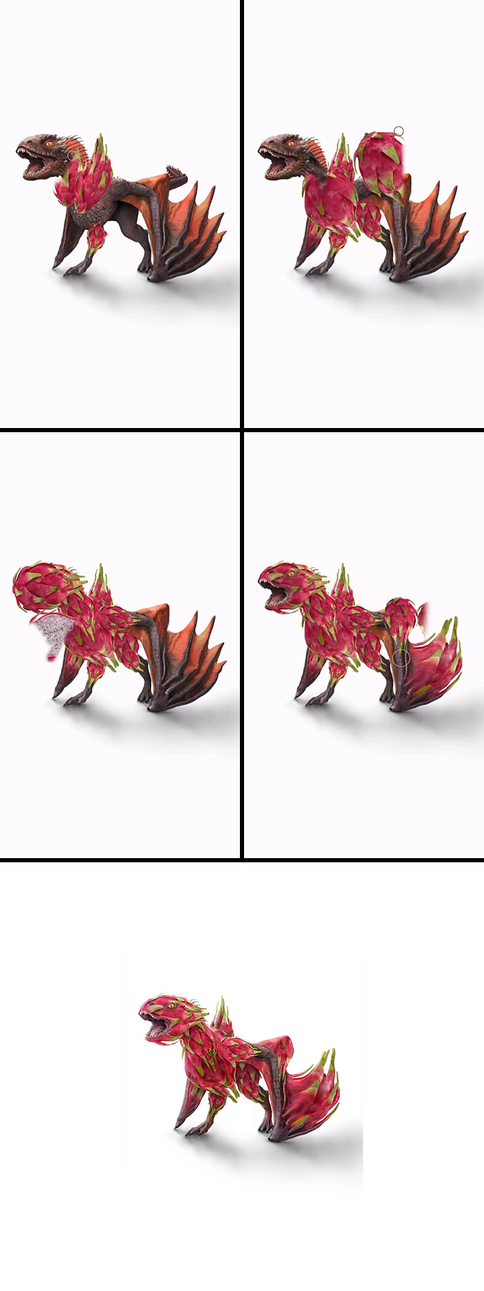 A sequence showing the creation of an absurd animal hybrid: a dragon adorned with dragon fruit scales and spikes.
