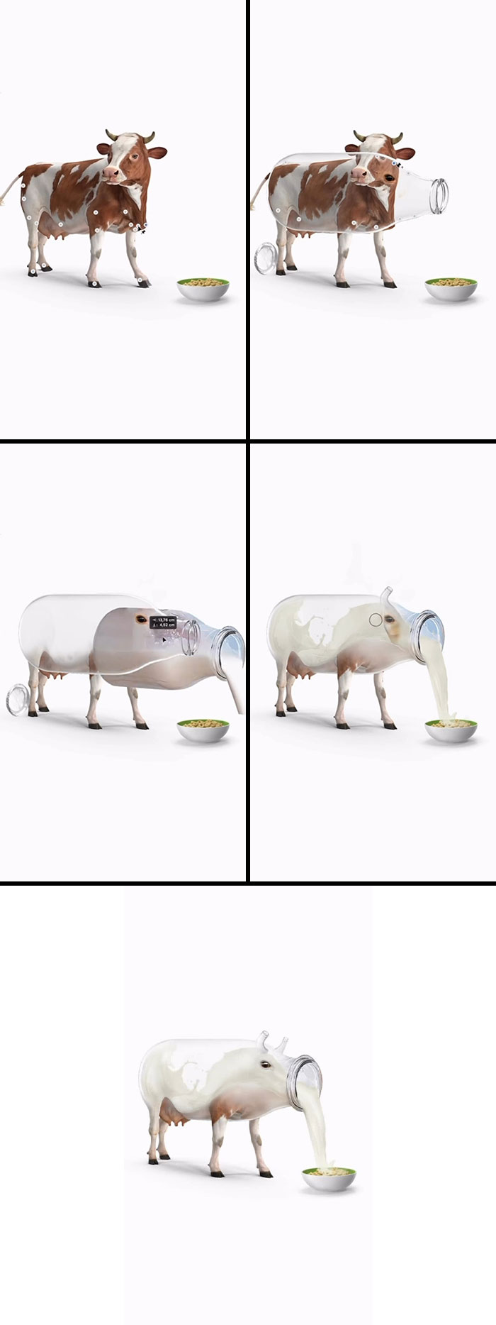An imaginative blend of a cow and a milk bottle, illustrating an absurd animal hybrid from the artist's fever dream.