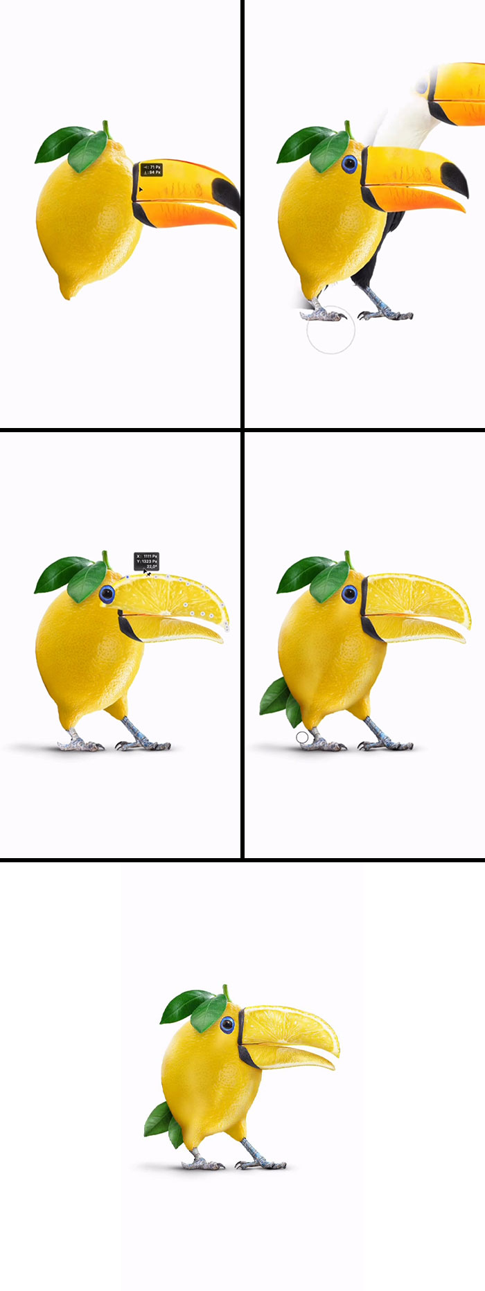 Absurd animal hybrids: A lemon-bodied toucan with a lemon beak and green leaf details, showcasing creative imagination.