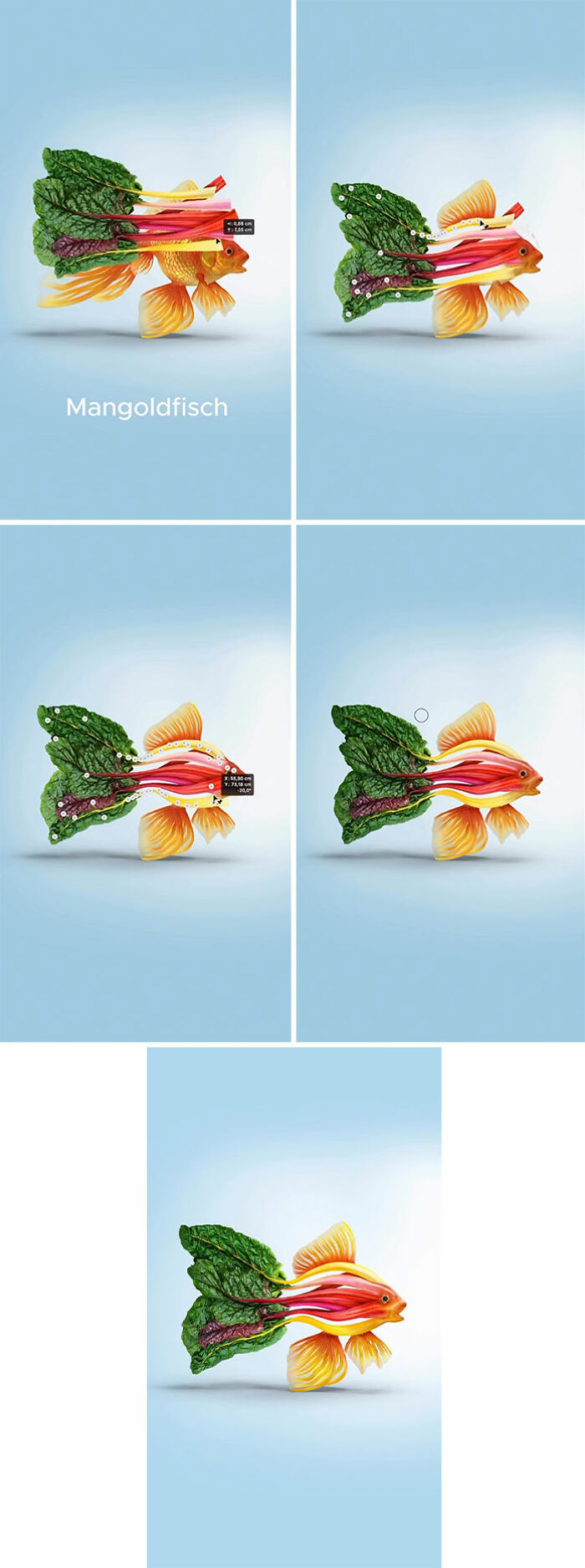 Absurd animal hybrids: A fish with Swiss chard and bell pepper fins, blending nature's vibrant forms into a unique creature.