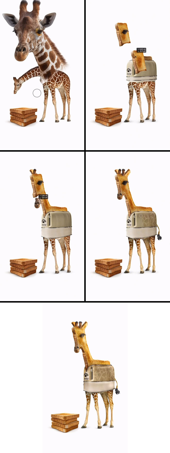 Animal hybrids art: A giraffe with a toaster body, toasting bread. Absurd animal hybrids, creative artwork.